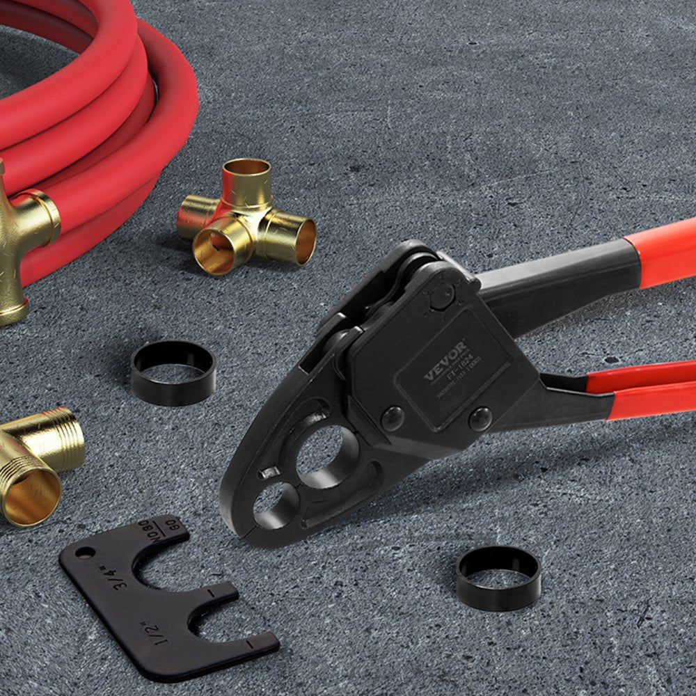 VEVOR PEX Pipe Crimping Tool, Angle Dual Head Combo PEX/PE-RT Crimper for 1/2" and 3/4" Copper Crimp Rings, 30 Copper Crimp Rings, PEX/PE-RT Tubing Cutter, Go/No-Go Gauge, Meets ASTM F1807 Standards
