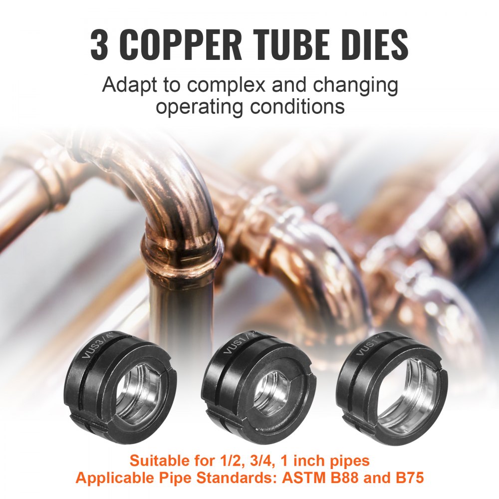 VEVOR Copper Press Tool Tube Fittings Crimping Kit, 360° Rotatable Press Crimper Tool with 1/2", 3/4", 1" Quick Change Jaws, Locking Pin & Extendable Handle, Meet ASTM B88 and B75 Standard
