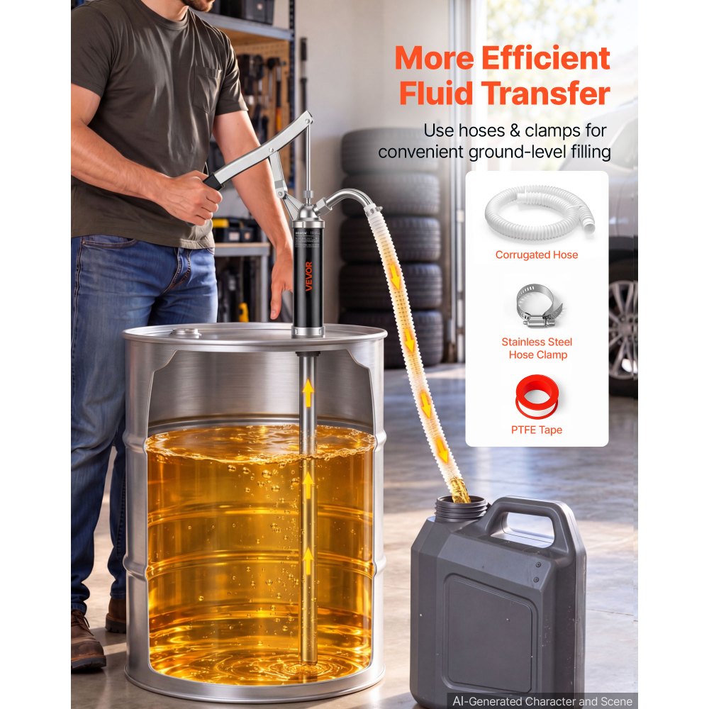 VEVOR Drum Pump 6.7 oz per Stroke Steel Hand Operated Transfer Barrel Pump, Fits 15 to 55 Gallon Drums & Barrels, Transfers Oil-Based Fluids, Diesel, Kerosene, Engine / Hydraulic / Lubricating Oil