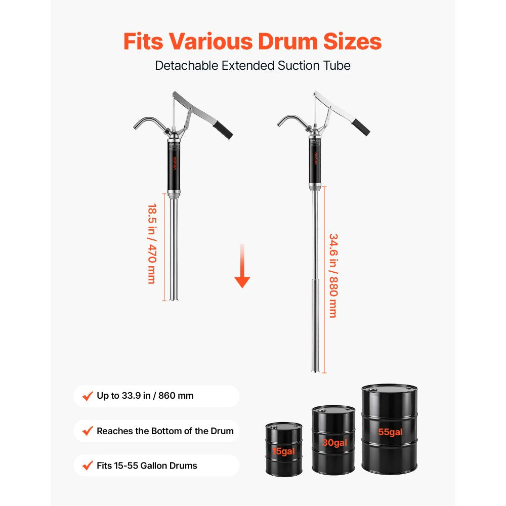VEVOR Drum Pump 6.7 oz per Stroke Steel Hand Operated Transfer Barrel Pump, Fits 15 to 55 Gallon Drums & Barrels, Transfers Oil-Based Fluids, Diesel, Kerosene, Engine / Hydraulic / Lubricating Oil