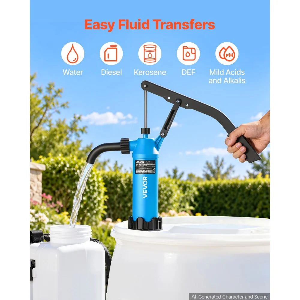 VEVOR Drum Pump 10 oz per Stroke PP Hand Operated DEF Pump Blue + Black, Fits 15 to 55 Gallon Drums & Barrels, with Telescoping Suction Tube, Transfers Water, Diesel, Kerosene, Mild Acids & Alkalis
