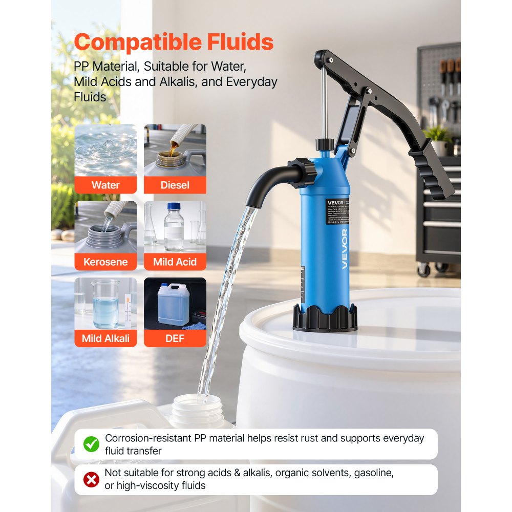 VEVOR Drum Pump 10 oz per Stroke PP Hand Operated DEF Pump Blue + Black, Fits 15 to 55 Gallon Drums & Barrels, with Telescoping Suction Tube, Transfers Water, Diesel, Kerosene, Mild Acids & Alkalis