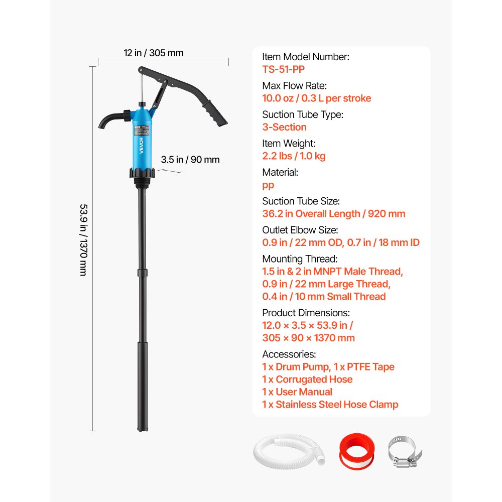 VEVOR Drum Pump 10 oz per Stroke PP Hand Operated DEF Pump Blue + Black, Fits 15 to 55 Gallon Drums & Barrels, with Telescoping Suction Tube, Transfers Water, Diesel, Kerosene, Mild Acids & Alkalis
