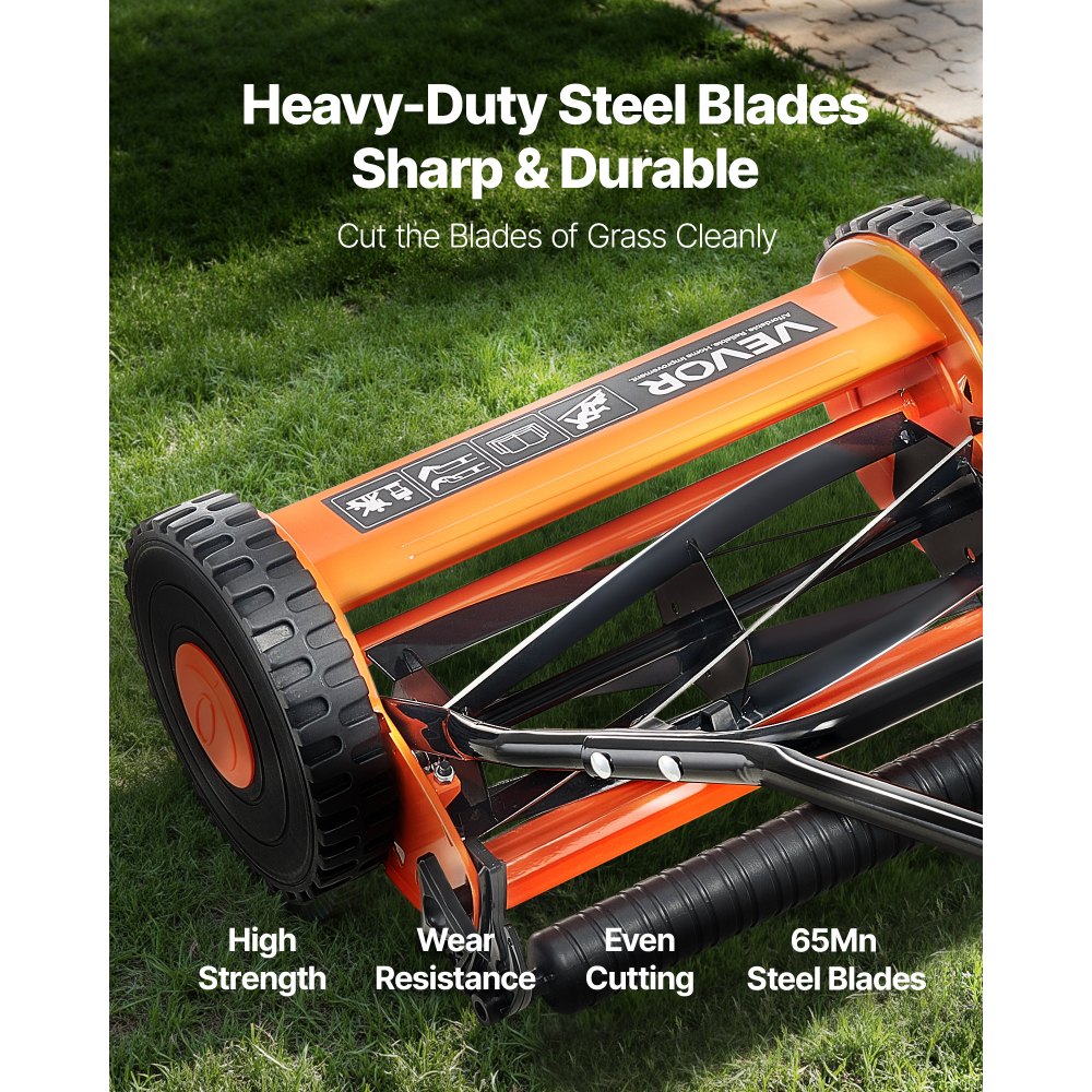 VEVOR Push Reel Lawn Mower 14 inch, 5 Blades Manual Push Mower No Motor, 0.6-1.75 in Adjustable Cutting Height, Walk-Behind Lawn Mowers with Grass Catcher Bag for Green Lawns, Driveways, Courtyards
