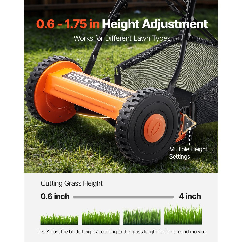 VEVOR Push Reel Lawn Mower 14 inch, 5 Blades Manual Push Mower No Motor, 0.6-1.75 in Adjustable Cutting Height, Walk-Behind Lawn Mowers with Grass Catcher Bag for Green Lawns, Driveways, Courtyards