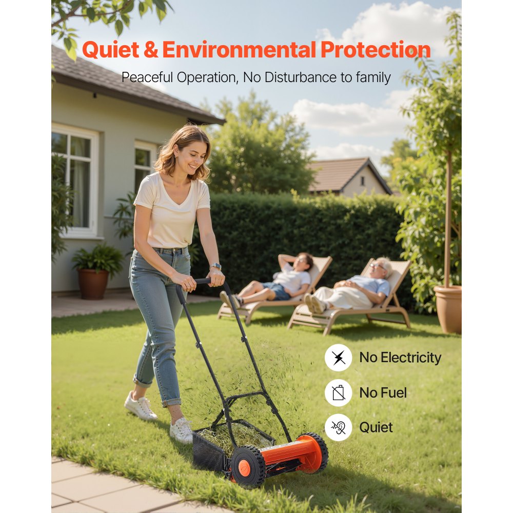 VEVOR Push Reel Lawn Mower 14 inch, 5 Blades Manual Push Mower No Motor, 0.6-1.75 in Adjustable Cutting Height, Walk-Behind Lawn Mowers with Grass Catcher Bag for Green Lawns, Driveways, Courtyards