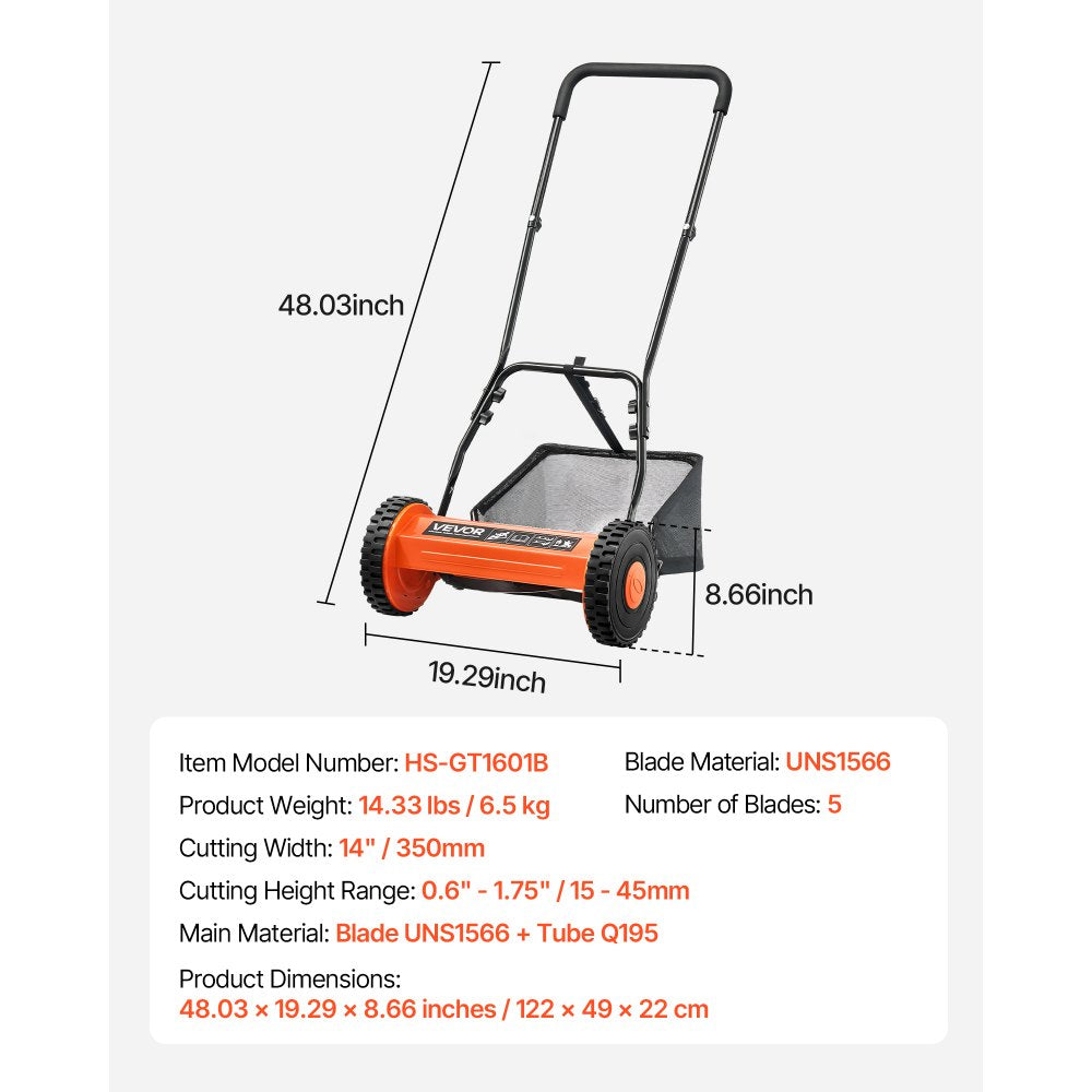 VEVOR Push Reel Lawn Mower 14 inch, 5 Blades Manual Push Mower No Motor, 0.6-1.75 in Adjustable Cutting Height, Walk-Behind Lawn Mowers with Grass Catcher Bag for Green Lawns, Driveways, Courtyards