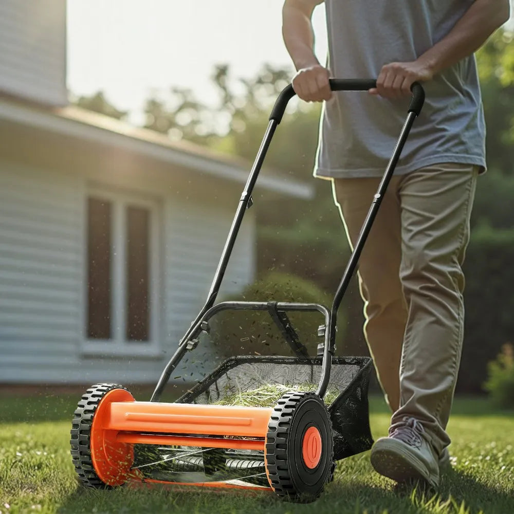 VEVOR Push Reel Lawn Mower 16 inch, 5 Blades Manual Push Mower No Motor, 0.6-1.75 in Adjustable Cutting Height, Walk-Behind Lawn Mowers with Grass Catcher Bag for Green Lawns, Driveways, Courtyards