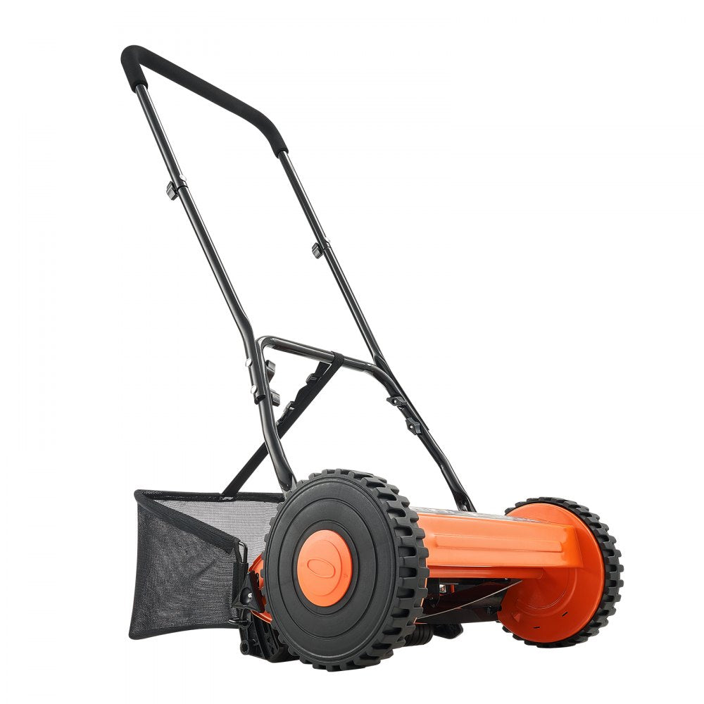 VEVOR Push Reel Lawn Mower 16 inch, 5 Blades Manual Push Mower No Motor, 0.6-1.75 in Adjustable Cutting Height, Walk-Behind Lawn Mowers with Grass Catcher Bag for Green Lawns, Driveways, Courtyards