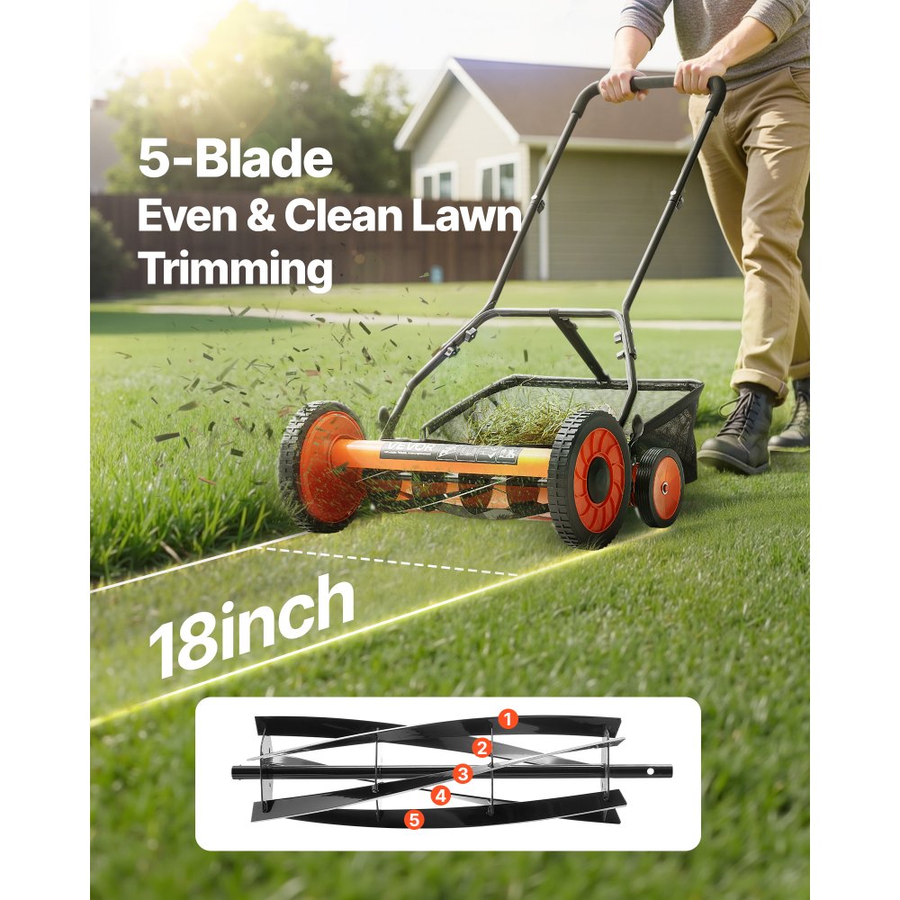 VEVOR Push Reel Lawn Mower 18 inch, 5 Blades Manual Push Mower No Motor, 1.37-2.44 in Adjustable Cutting Height, Walk-Behind Lawn Mowers with Grass Catcher Bag for Green Lawns, Driveways, Courtyards