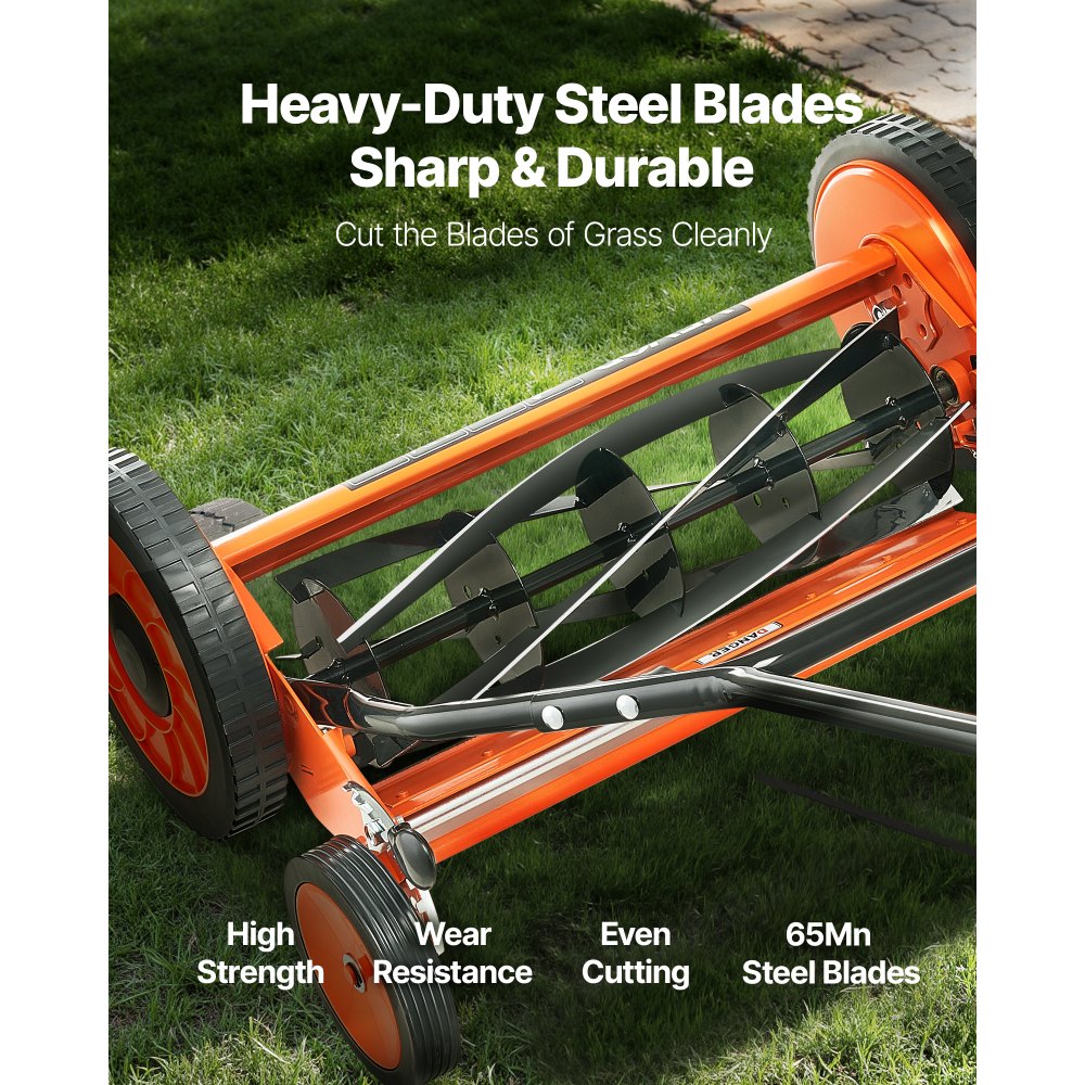 VEVOR Push Reel Lawn Mower 18 inch, 5 Blades Manual Push Mower No Motor, 1.37-2.44 in Adjustable Cutting Height, Walk-Behind Lawn Mowers with Grass Catcher Bag for Green Lawns, Driveways, Courtyards