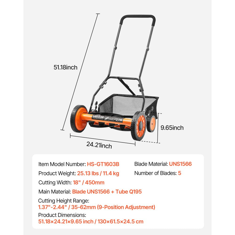 VEVOR Push Reel Lawn Mower 18 inch, 5 Blades Manual Push Mower No Motor, 1.37-2.44 in Adjustable Cutting Height, Walk-Behind Lawn Mowers with Grass Catcher Bag for Green Lawns, Driveways, Courtyards