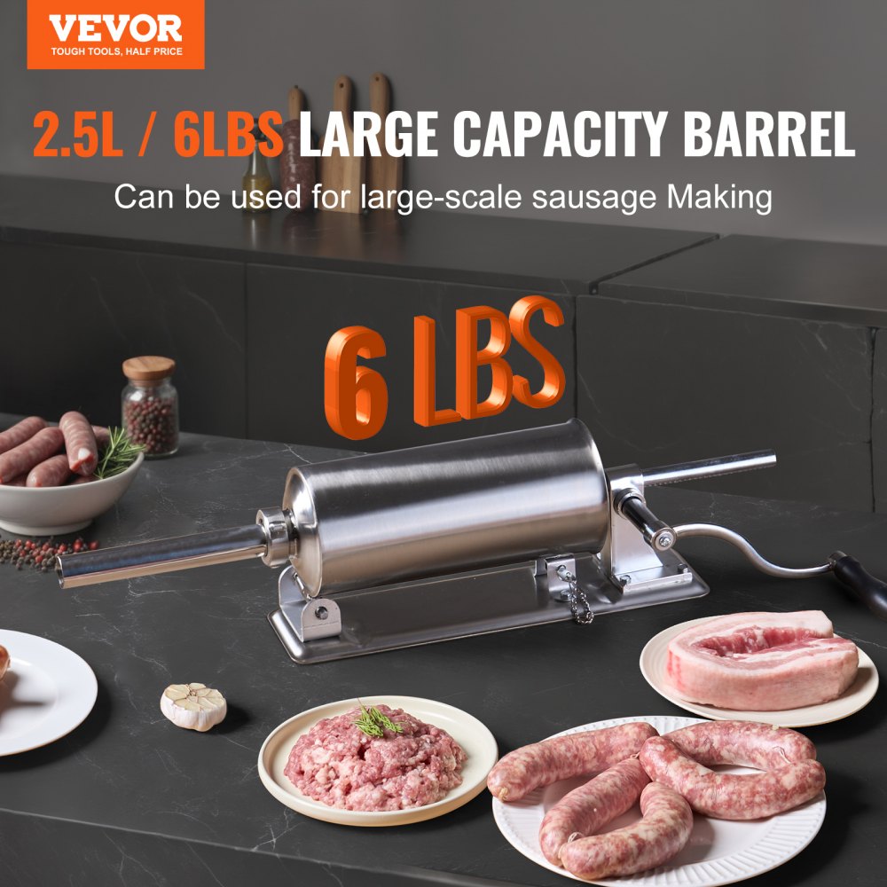 VEVOR Manual Sausage Stuffer, 2.5 L / 6 LBS Horizontal Sausage Machine with U-type Clamp, Made of Food-Grade Stainless Steel, Includes 8 Stuffing Tubes, for Home Kitchen Restaurant Commercial