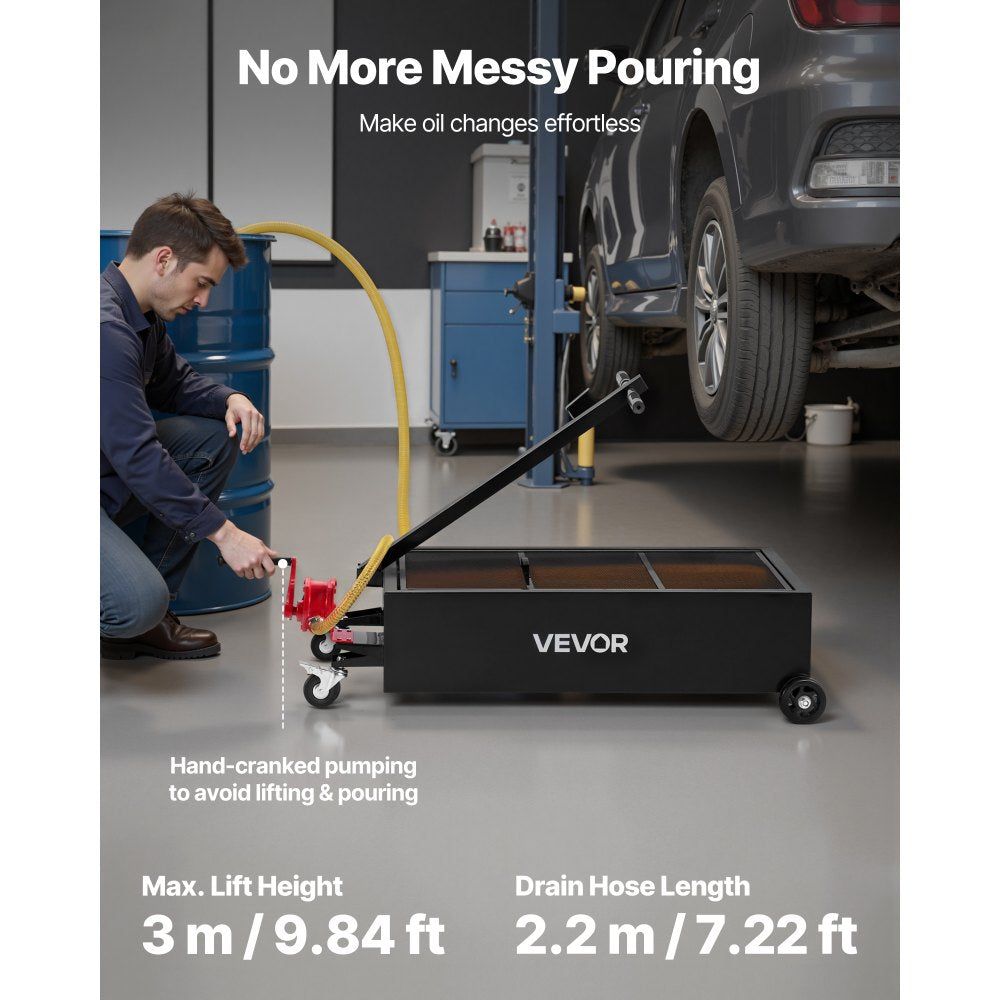 VEVOR Low Profile Oil Drain Pan, 25 Gallon Capacity, Rolling Oil Drain Pan with Manual Pump, 7.2 ft Hose & T Folding Handle, Leak-proof & Corrosion-resistant, Fit for Cars, SUVs, Trucks, ATVs, Black