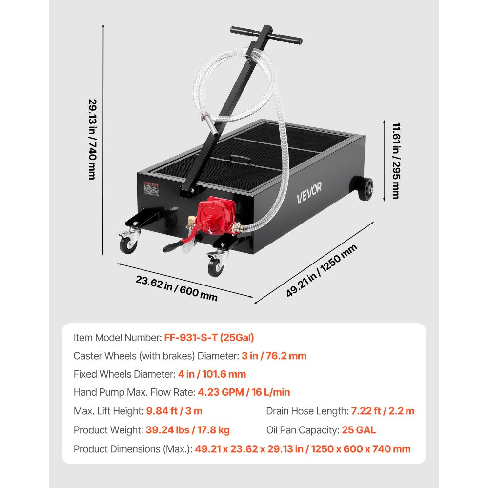 VEVOR Low Profile Oil Drain Pan, 25 Gallon Capacity, Rolling Oil Drain Pan with Manual Pump, 7.2 ft Hose & T Folding Handle, Leak-proof & Corrosion-resistant, Fit for Cars, SUVs, Trucks, ATVs, Black