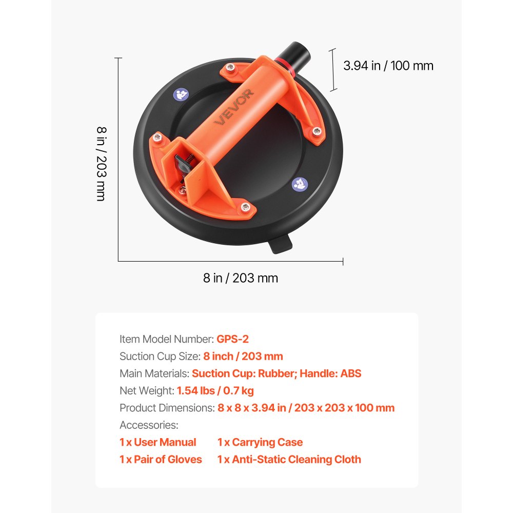 VEVOR Vacuum Suction Cup, 8-Inch Vacuum Glass Lifter with ABS Handle, 400 lbs Max Lifting Capacity Tile Suction Cup Tool with Carrying Case for Lifting Large Tile, Granite, Drywall, Windows (1-Pack)