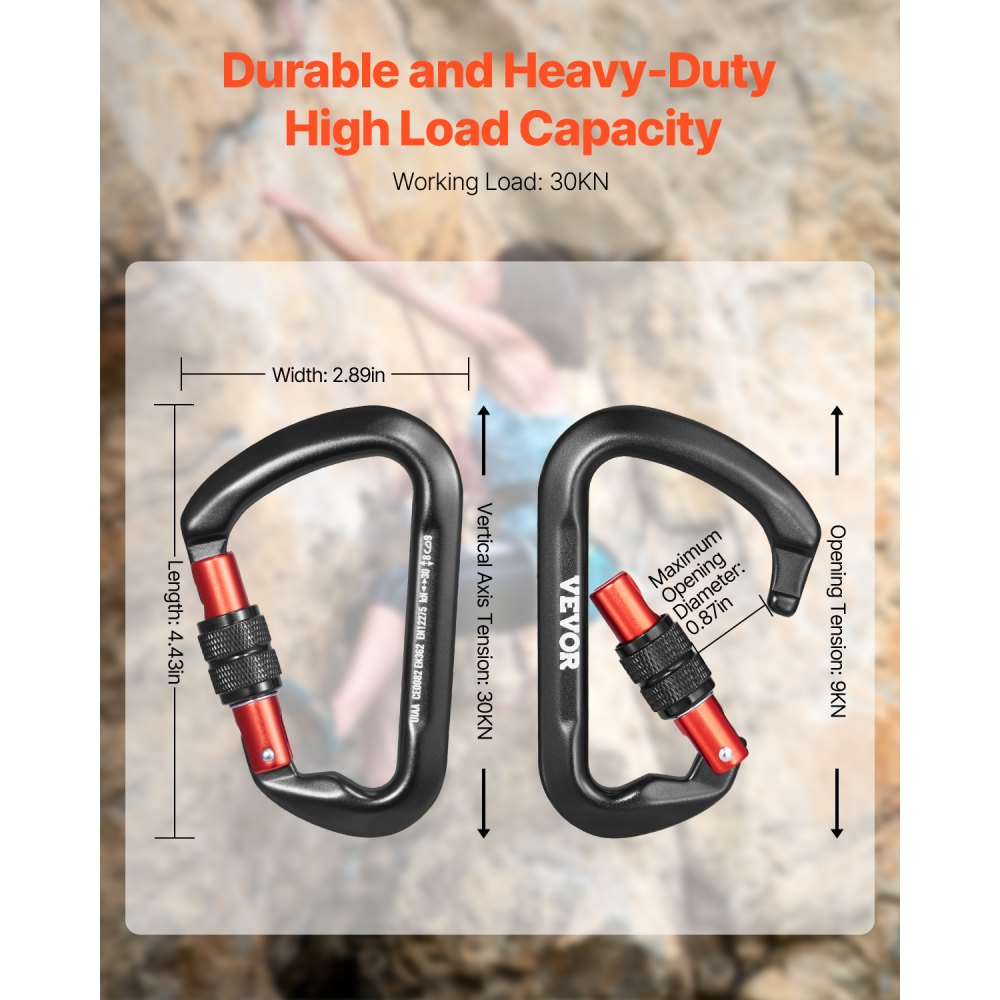 VEVOR Climbing Carabiner Clips, 3 PCS Heavy Duty Caribiner, Professional 30 KN / 6744 lbs Spindle Strength, Large D-Shaped for Hiking,Rappelling,Rescue,Dog Leash,Hammocks, Swings