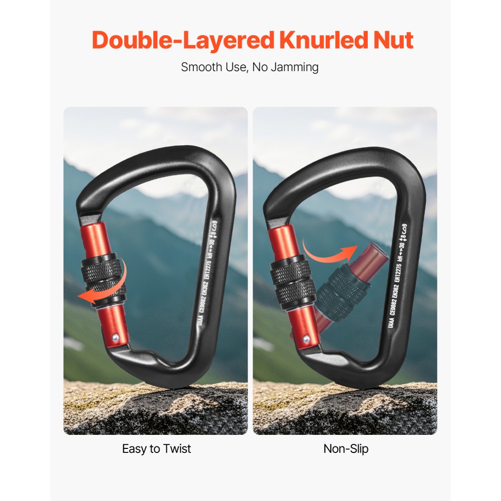VEVOR Climbing Carabiner Clips, 3 PCS Heavy Duty Caribiner, Professional 30 KN / 6744 lbs Spindle Strength, Large D-Shaped for Hiking,Rappelling,Rescue,Dog Leash,Hammocks, Swings