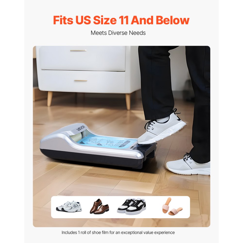 VEVOR Shoe Cover Dispenser, Automatic Shoe Film Machine with 1 Roll (600 Pcs) of Non-Slip Disposable Sole Membrane, Fits Size Up to US 11, for Home, Office, Lab, Factory, Hospital, Indoor Use, Silver