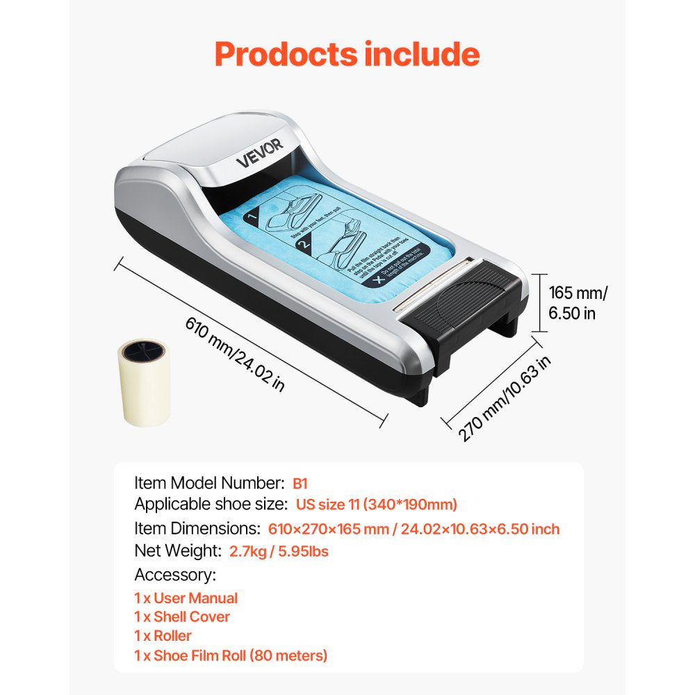 VEVOR Shoe Cover Dispenser, Automatic Shoe Film Machine with 1 Roll (600 Pcs) of Non-Slip Disposable Sole Membrane, Fits Size Up to US 11, for Home, Office, Lab, Factory, Hospital, Indoor Use, Silver