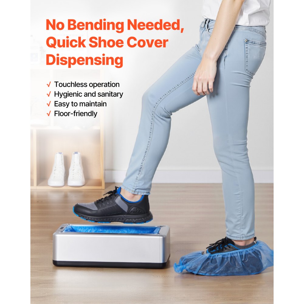 VEVOR Shoe Cover Dispenser, Automatic Shoe Covers Dispenser with 100 Pcs of Non-Slip Disposable Shoes Covers, Fits Size Up to US 11, for Home, Office, Lab, Factory, Hospital, Indoor Use, Silver
