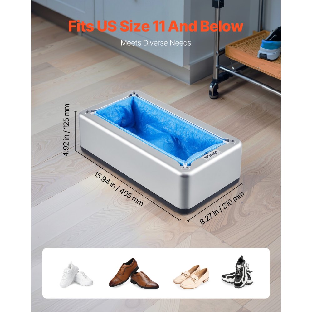 VEVOR Shoe Cover Dispenser, Automatic Shoe Covers Dispenser with 100 Pcs of Non-Slip Disposable Shoes Covers, Fits Size Up to US 11, for Home, Office, Lab, Factory, Hospital, Indoor Use, Silver