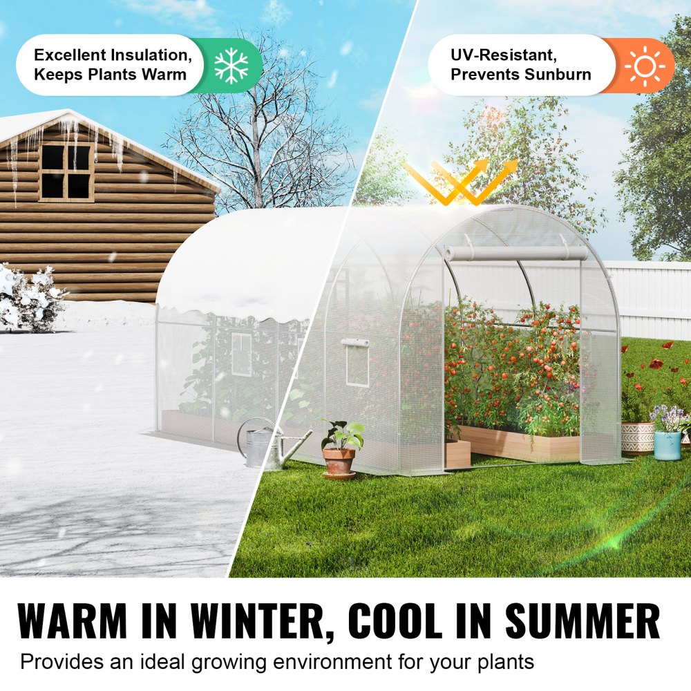 VEVOR Walk-in Tunnel Greenhouse, 9.6x6.4x6.2 ft Hoop House Greenhouse Tunnel, Plant Hot House with Galvanized Steel Frame, White PE Cover, Roll-up Zipper Door and 6 Windows for Outdoor
