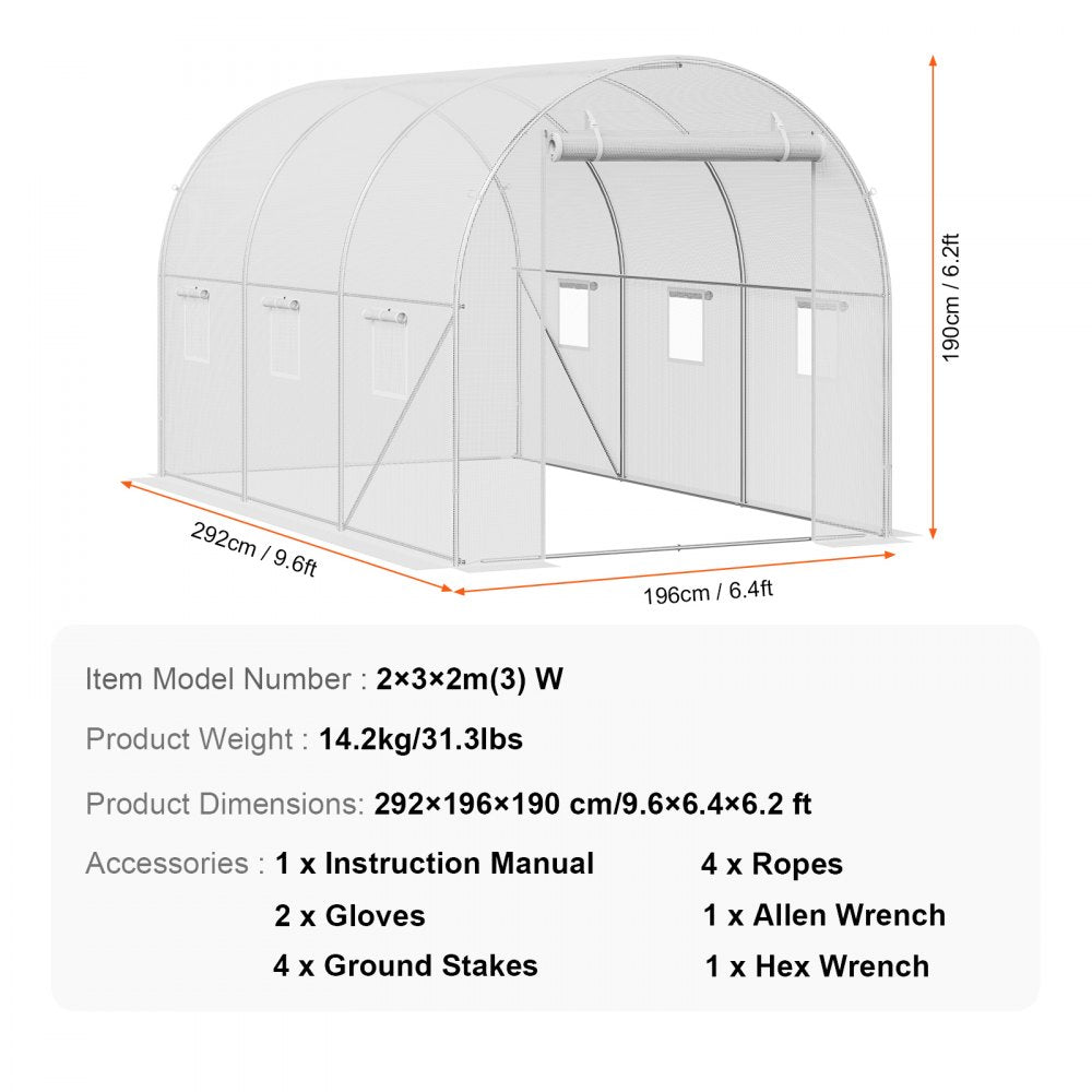 VEVOR Walk-in Tunnel Greenhouse, 9.6x6.4x6.2 ft Hoop House Greenhouse Tunnel, Plant Hot House with Galvanized Steel Frame, White PE Cover, Roll-up Zipper Door and 6 Windows for Outdoor