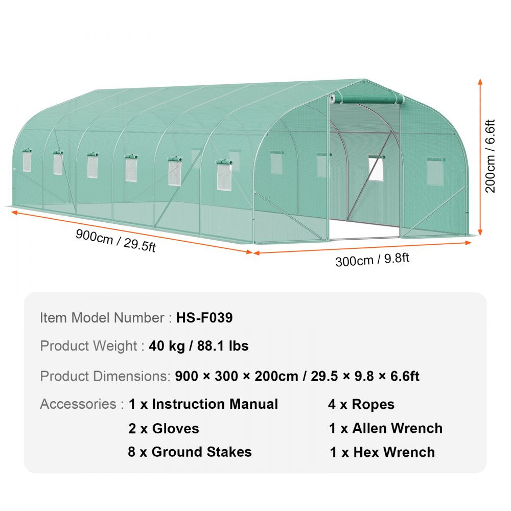 VEVOR Walk-in Tunnel Greenhouse, 29.5x9.8x6.6 ft Hoop House Greenhouse Tunnel, Peaked Roof Plant Hot House with Galvanized Steel Frame, Green PE Cover, Roll-up Zipper Door and 12 Windows for Outdoor
