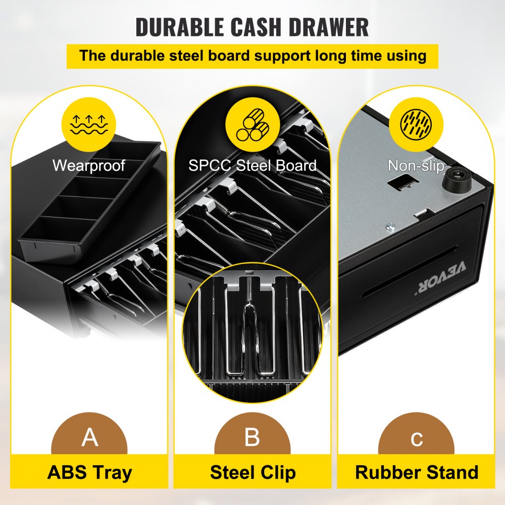 VEVOR Cash Register Drawer, 13\" 2 Unlocking Ways, Fully Removable Design with 4 Bill 5 Coin Cash Tray, 2 Keys Included, Compact Size Cash Registers for Supermarket, Bar, Coffee Shop, Restaurant