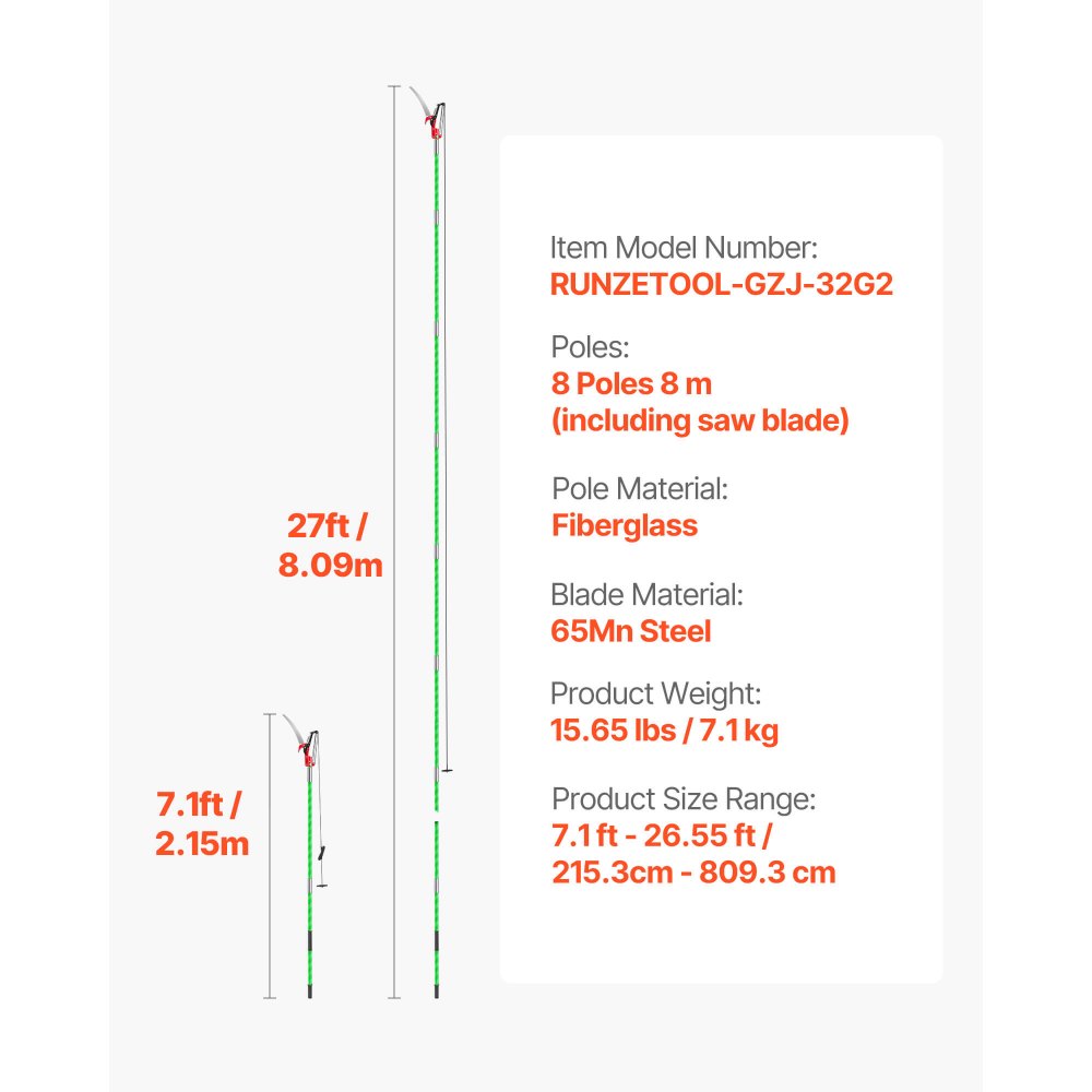 VEVOR Manual Pole Saw, 3.87-27 ft Extendable Pole Tree Pruner with Scissors, Sharp 65Mn Steel Blade, Lightweight Fiberglass Handle Pole, for High Branch Trimming, Pruning Tool for Palms and Shrubs