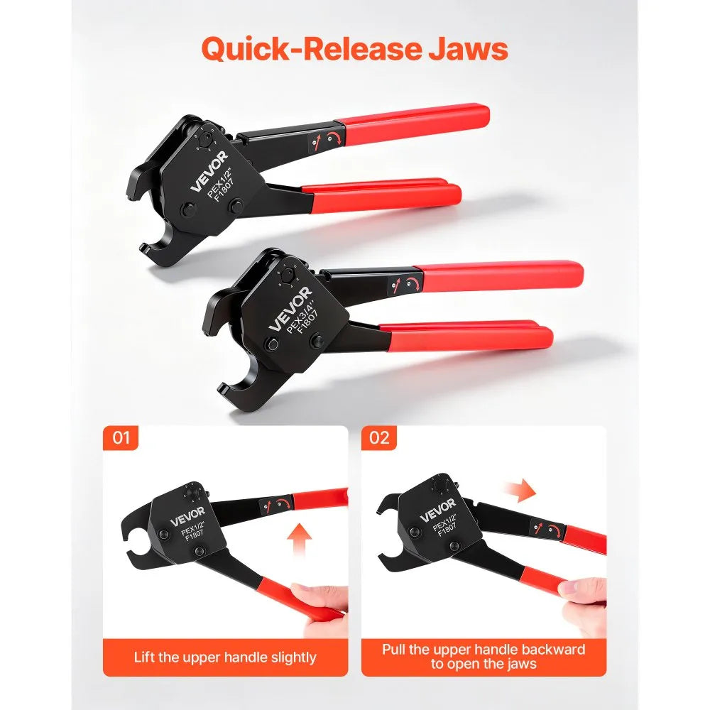 VEVOR Angle Head PEX Crimping Tool Kit for 1/2" & 3/4" Copper Crimp Rings, Copper Ring Cinch Removal Tool with PEX Tubing Cutter, Copper Ring Cutter, Go/No-Go Gauge & Toolbox, Meet ASTM F1807 Standard