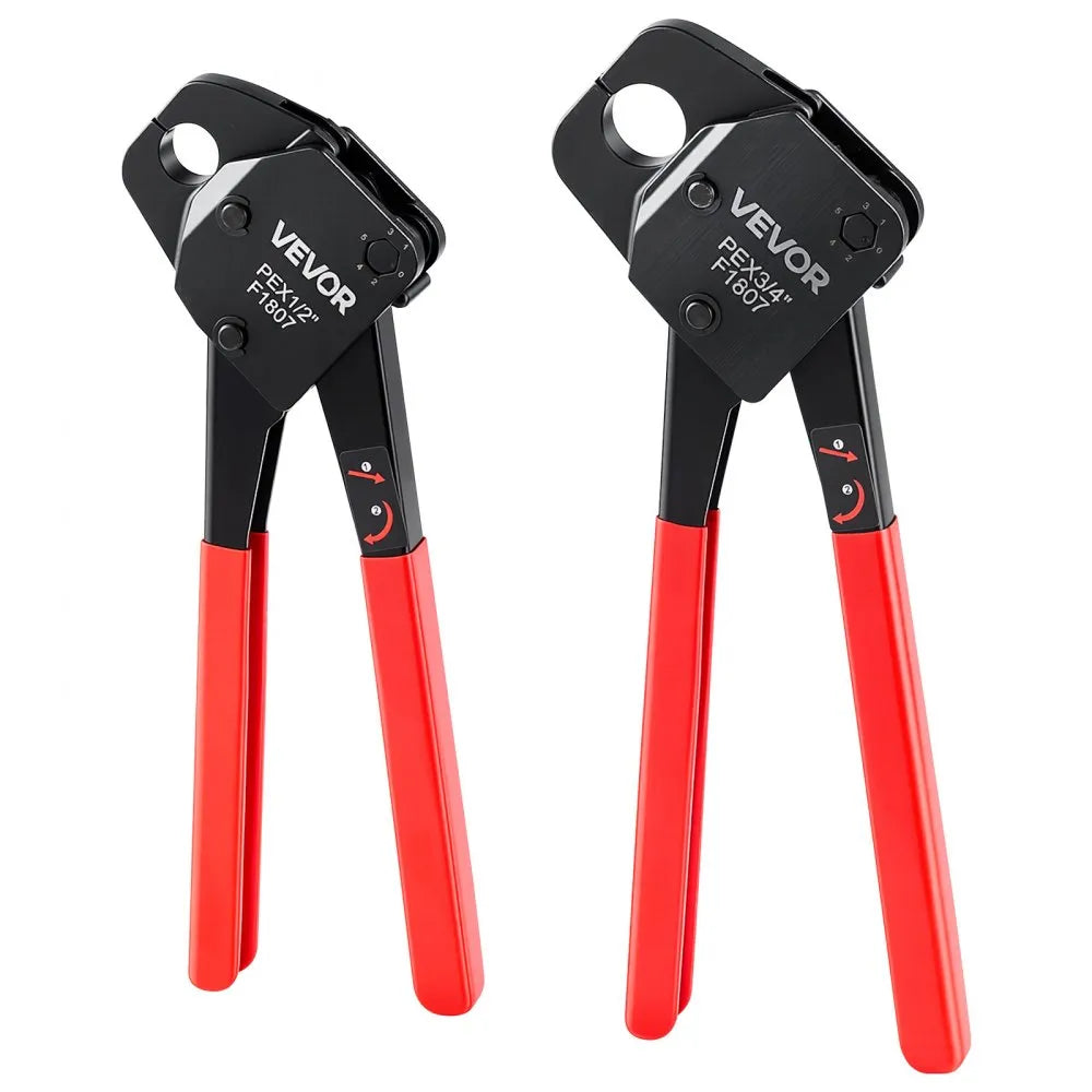 VEVOR Angle Head PEX Crimping Tool Kit for 1/2" & 3/4" Copper Crimp Rings, Copper Ring Cinch Removal Tool with PEX Tubing Cutter, Copper Ring Cutter, Go/No-Go Gauge & Toolbox, Meet ASTM F1807 Standard