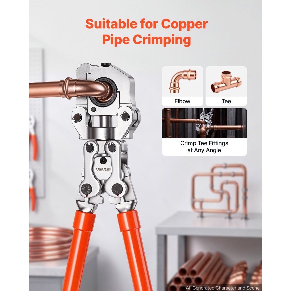 VEVOR Copper Tube Fittings Press Crimping Tool for 1/2" 3/4" 1" Pipes, 360° Rotatable Crimper Press Tool with 3 VUS Jaws, Locking Pin, Extendable Handle and Toolbox for Elbow & Tee Fittings