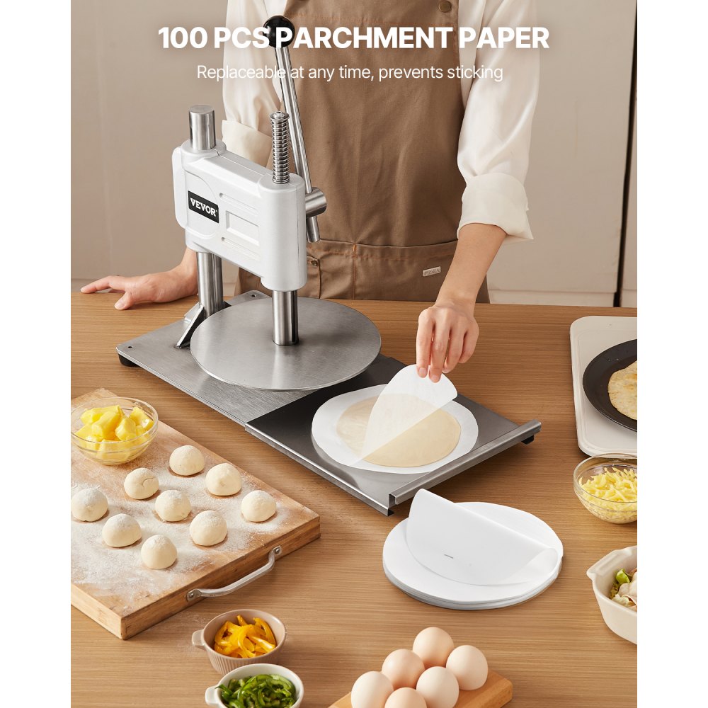 VEVOR Manual Pizza Dough Press Machine, 9.5 inch Pizza Pastry Press Plate, Stainless Steel Bread Presser, Commercial Chapati Sheet Crust Maker, Forming Machine with Handle and 100 Pcs Parchment Paper
