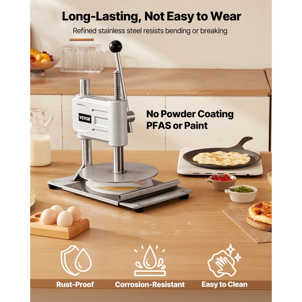 VEVOR Manual Pizza Dough Press Machine, 9.5 inch Pizza Pastry Press Plate, Stainless Steel Bread Presser, Commercial Chapati Sheet Crust Maker, Forming Machine with Handle and 100 Pcs Parchment Paper