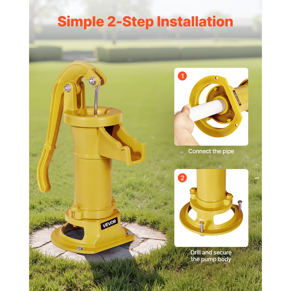 VEVOR Well Hand Pitcher Pump, 25 ft Maximum Lift, Antique Cast Iron Manual Hand Water Pump, NPT 1-1/4 in Connection, Easy Installation, Old Fashioned for Outdoor Garden, Pond, Backyard, Farm, Yellow
