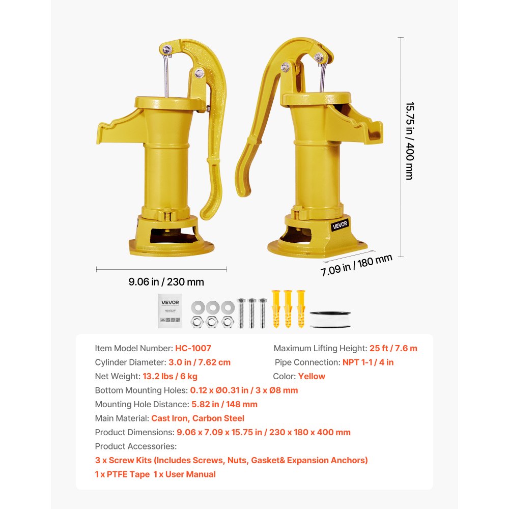 VEVOR Well Hand Pitcher Pump, 25 ft Maximum Lift, Antique Cast Iron Manual Hand Water Pump, NPT 1-1/4 in Connection, Easy Installation, Old Fashioned for Outdoor Garden, Pond, Backyard, Farm, Yellow