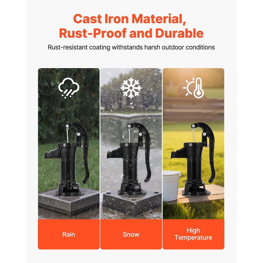 VEVOR Well Hand Pitcher Pump, 25 ft Maximum Lift, Antique Cast Iron Manual Hand Water Pump, NPT 1-1/4 in Connection, Easy Installation, Old Fashioned for Outdoor Garden, Pond, Backyard, Farm, Black