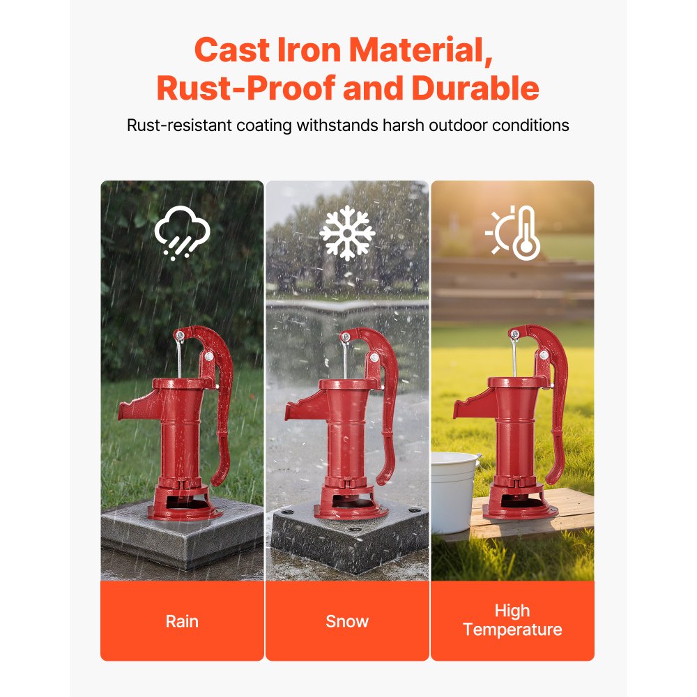 VEVOR Well Hand Pitcher Pump, 25 ft Maximum Lift, Antique Cast Iron Manual Hand Water Pump, NPT 1-1/4 in Connection, Easy Installation, Old Fashioned for Outdoor Garden, Pond, Backyard, Farm, Red
