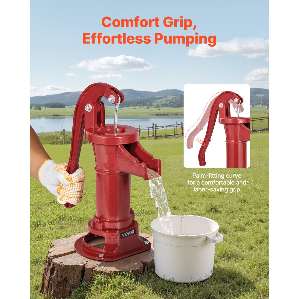 VEVOR Well Hand Pitcher Pump, 25 ft Maximum Lift, Antique Cast Iron Manual Hand Water Pump, NPT 1-1/4 in Connection, Easy Installation, Old Fashioned for Outdoor Garden, Pond, Backyard, Farm, Red