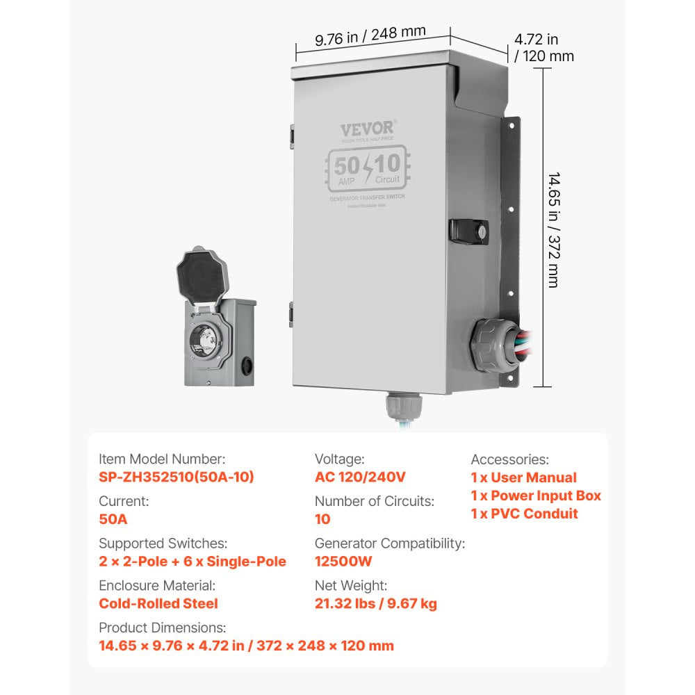 VEVOR Manual Transfer Switch, 50-Amp 10-Circuit, Prewired Generator Transfer Switch Kit with CS6375 Plug Power Inlet Box, Double-Throw Switch, NEMA 3R, Mechanical Watt Meter, for 12500W Generators