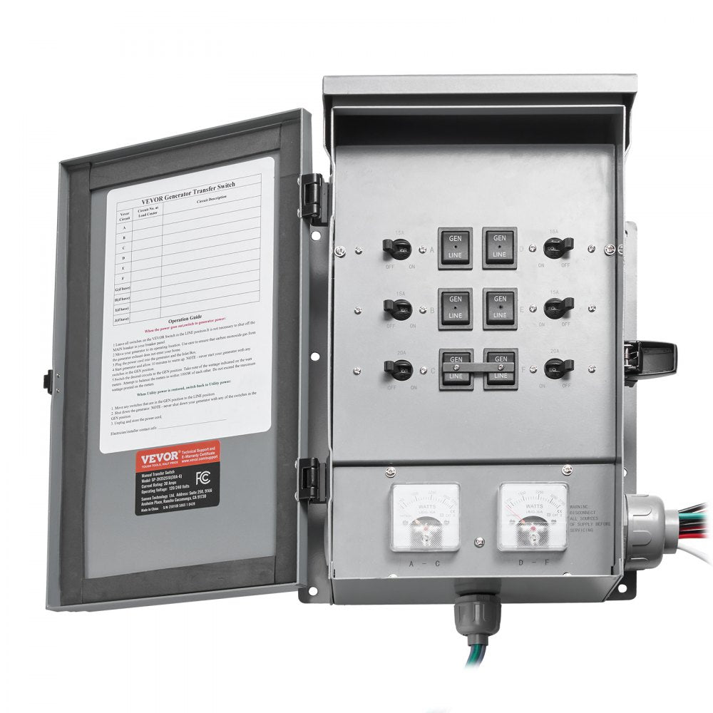 VEVOR Manual Transfer Switch, 30-Amp 6-Circuit, Prewired Generator Transfer Switch Kit with NEMA L14-30P Power Inlet Box, Double-Throw Switch, NEMA 3R, Mechanical Watt Meter, for 7500W Generators