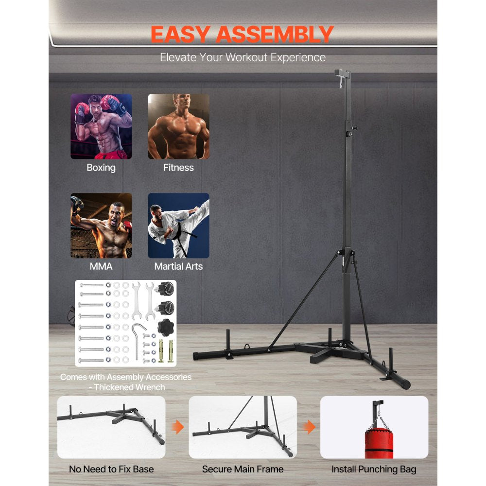 VEVOR Punching Bag Stand, Steel Heavy Duty Workout Training Equipment, Adjustable Height Boxing Punching Stand with Weighted Base, Holds Up to 140 lbs, Freestanding Sandbag Rack for Home Gym Fitness
