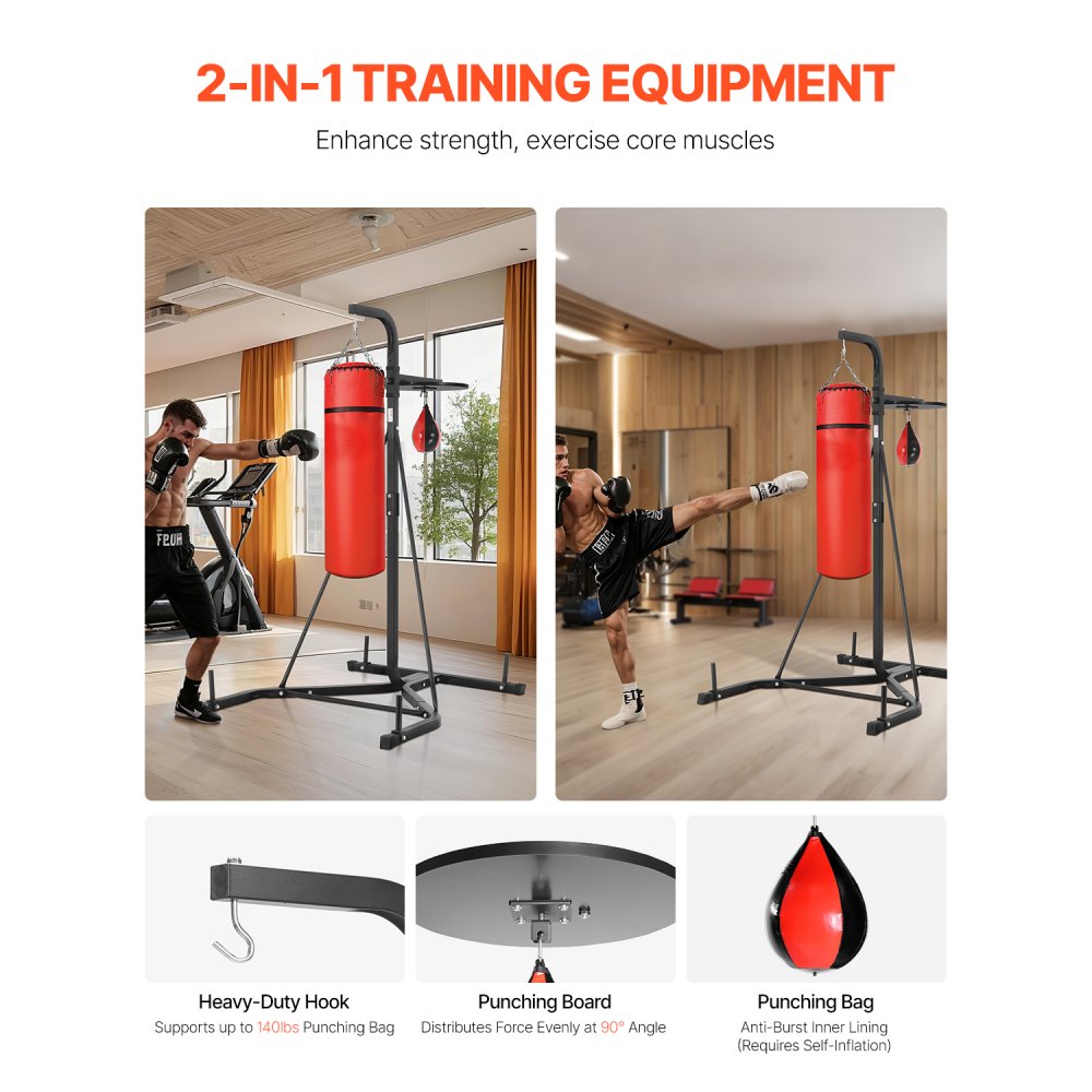 VEVOR 2 in 1 Punching Bag Stand, Steel Heavy Duty Workout Equipment, Adjustable Height Boxing Punching Bag and Speed Bag Stand, Freestanding Sandbag Rack, Holds Up to 140 lbs, for Home Gym Fitness