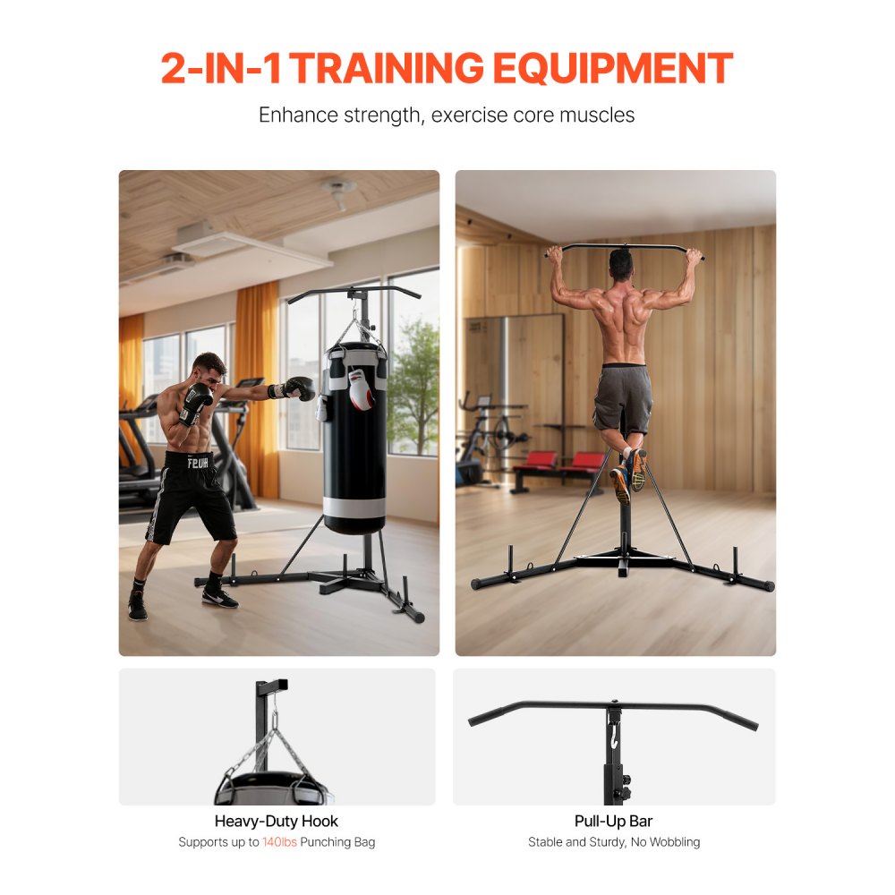 VEVOR 2 in 1 Punching Bag Stand, Steel Heavy Duty Workout Equipment, Adjustable Height Boxing Punching Bag Stand with Pull Up Bar, Freestanding Sandbag Rack, Holds Up to 140 lbs, for Home Gym Fitness