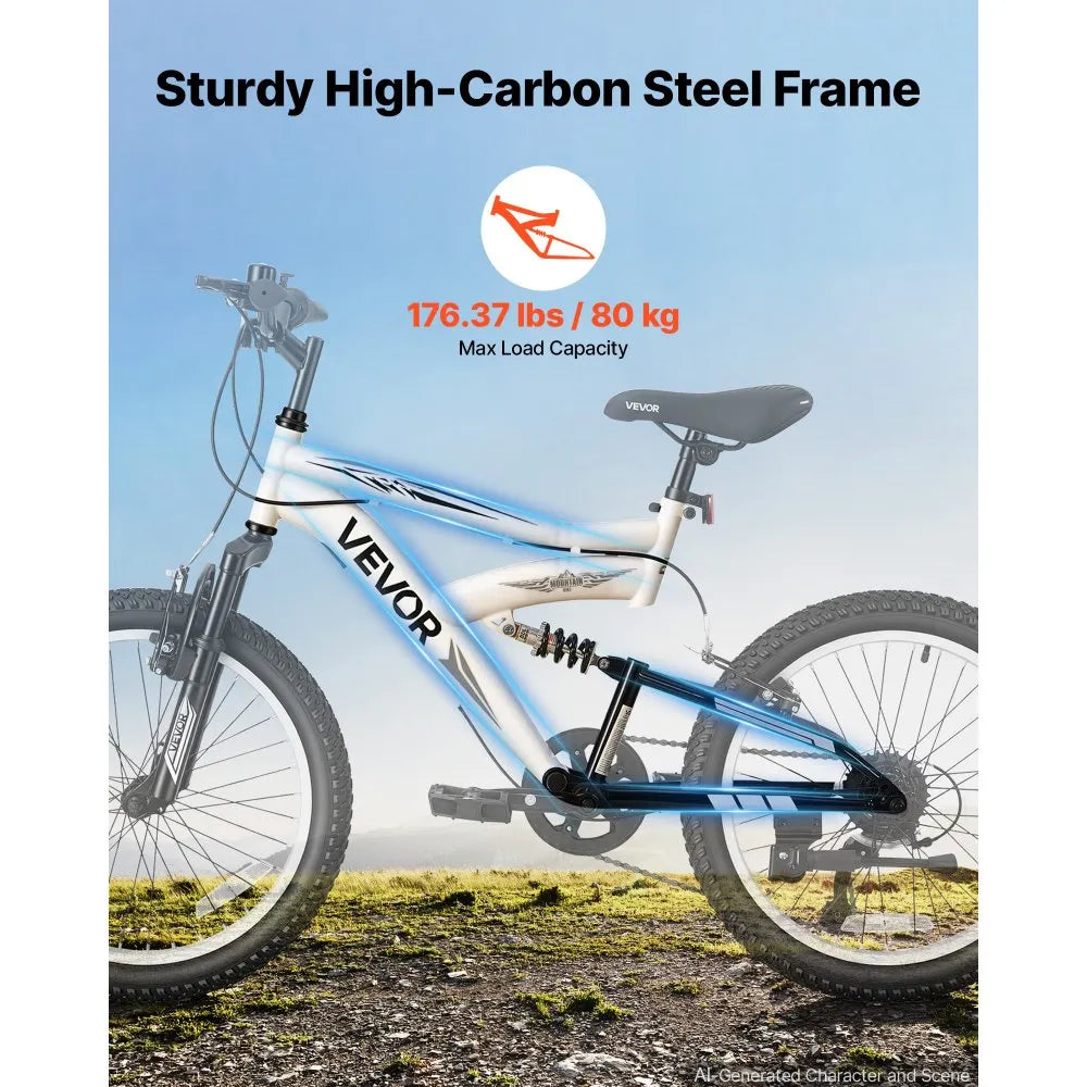 VEVOR Mountain Bike for Men and Women 20 inch Outdoor Bicycle 6 Speeds, Adult Bikes, Full Suspension, Adjustable Saddle, All-Terrain Tires, High Carbon Steel Frame, Dual Brakes, Pre-Assembled