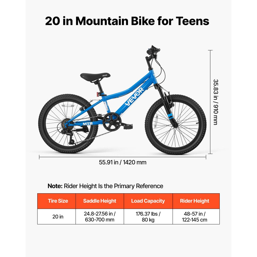 VEVOR Mountain Bike for Men and Women 20 inch Outdoor Bicycle 6 Speeds, Adult Bikes, Front Suspension, Adjustable Saddle, All-Terrain Tires, High Carbon Steel Frame, Dual Brake, Pre-Assembled