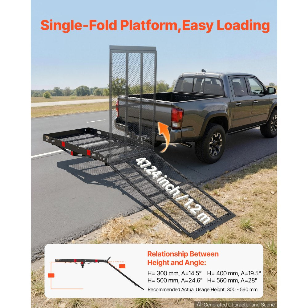 VEVOR Hitch Mount Wheelchair Carrier Height Adjustable, 500LBS Steel Mobility Scooter Carrier Cargo Basket with Folding Ramp & Stabilizer Kit, Fits 2" Hitch Receiver for Truck SUV Car, 48" x 28"