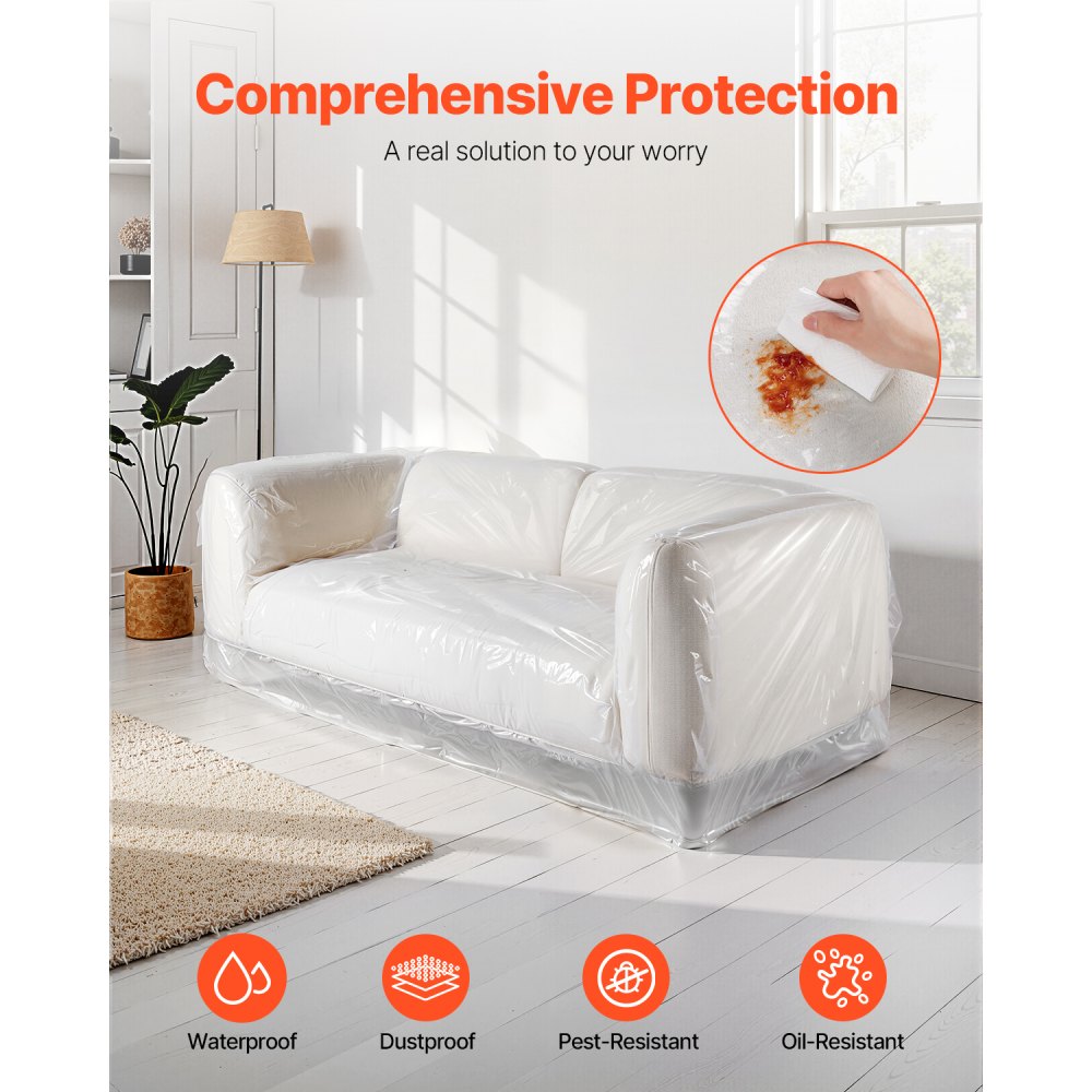 VEVOR Plastic Couch Cover, 4 Mil Thickened Sofa Cover for Moving, Heavy-Duty Clear Couch Cover with Wide Opening Design, Wear-Resistant & Waterproof Plastic Shield Covers for Couch, 92 x 62 x 42 inch